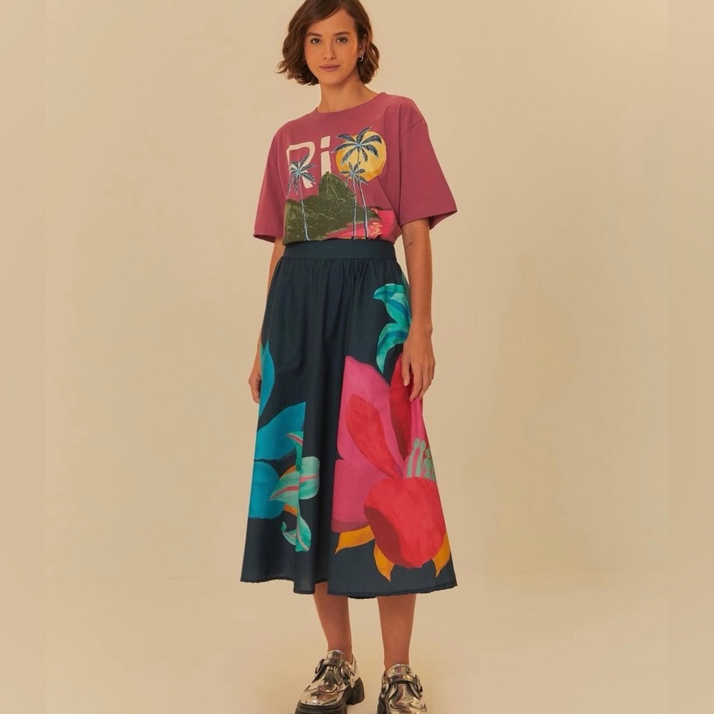 FARM Rio Floral Watercolor Midi Skirt Size S - Picture 3 of 9